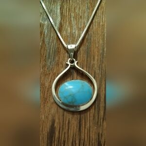 Sterling Silver Pendant Necklace with Genuine Turquoise Pendant 18"+